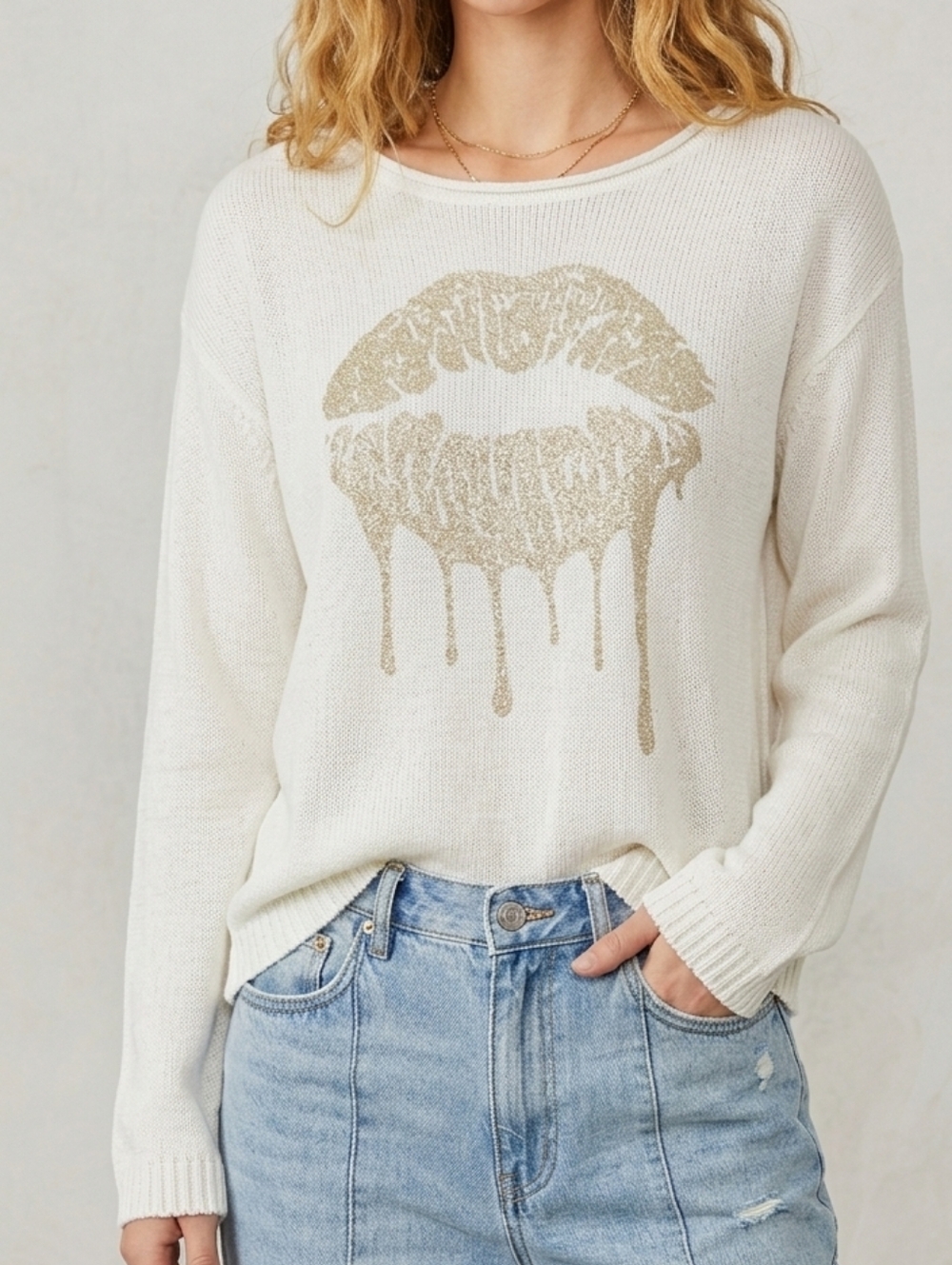 Anthro Wooden Ships Lightweight Coastal Sweater Metallic Gold Lips M/L
